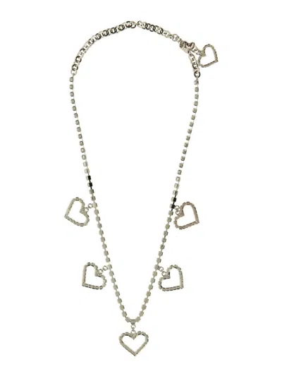 Shop Alessandra Rich Crystal Necklace With Heart Pendants In Silver