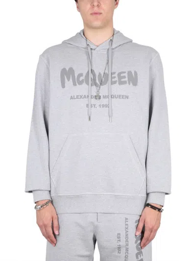 Shop Alexander Mcqueen Graffiti Logo Print Sweatshirt In Grey