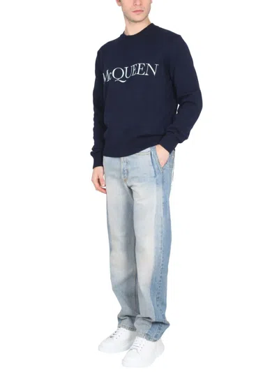 Shop Alexander Mcqueen Cotton Logo Embroidery Jersey In Blue