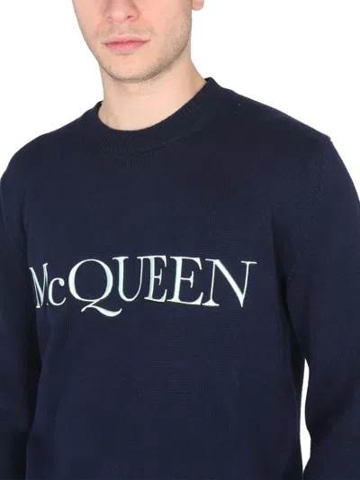 Shop Alexander Mcqueen Cotton Logo Embroidery Jersey In Blue