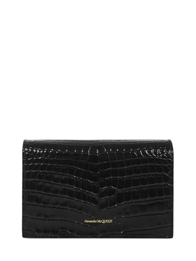 Alexander Mcqueen Skull Small Embossed Croc Leather Crossbody Bag In Black