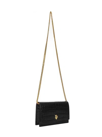 Alexander Mcqueen Skull Small Embossed Croc Leather Crossbody Bag In Black