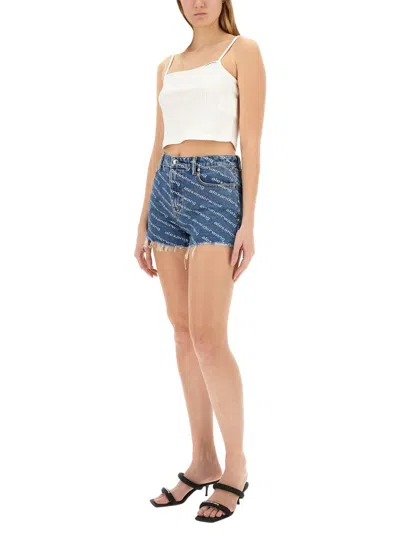 Shop Alexander Wang Shorts With All Over Logo In Blue
