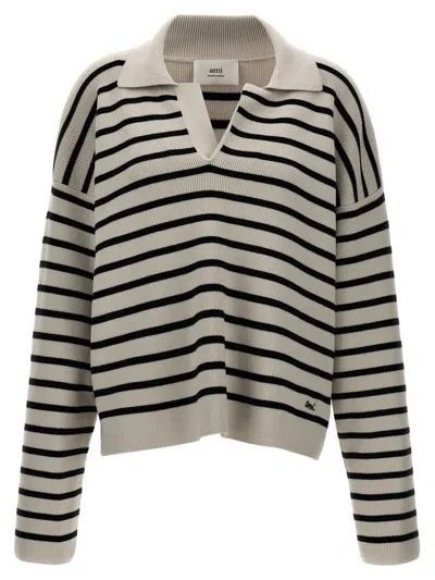 Shop Ami Alexandre Mattiussi Ami Paris Striped Polo Sweater In White/black