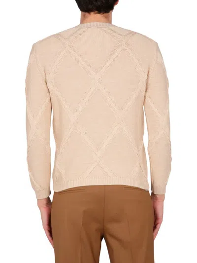 Shop Ballantyne Cotton Cable Stitch Crew Neck Sweater In Beige