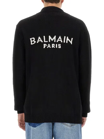Shop Balmain Cardigan With Logo Inlay In Black