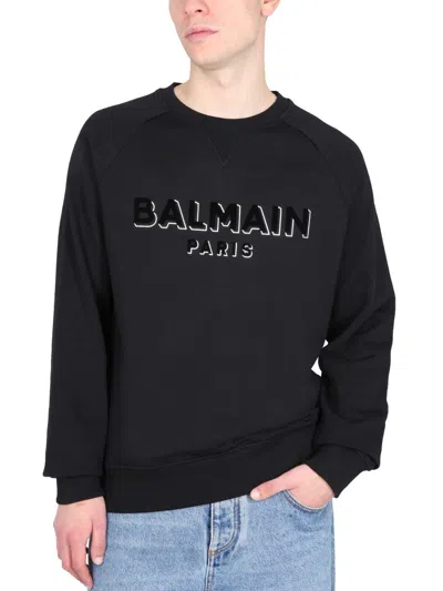 Shop Balmain Flocked And Metallic Logo Sweatshirt In Black