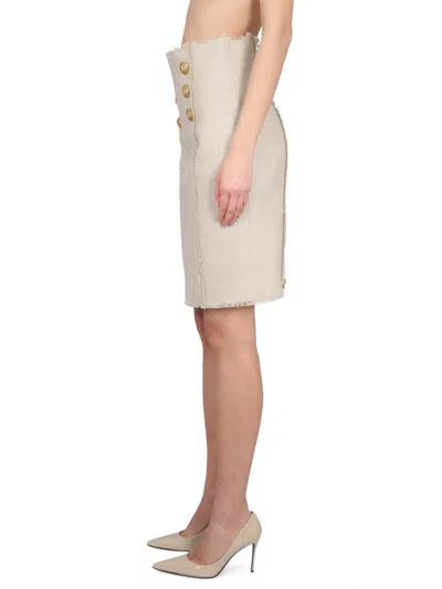 Shop Balmain Linen Midi Skirt In Beige