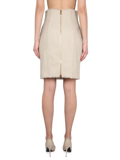 Shop Balmain Linen Midi Skirt In Beige