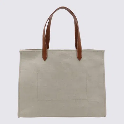 Shop Balmain Natural Canvas And Brown Leather B-army Medium Tote Bag In Natural/brown