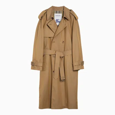 Shop Burberry Long Double-breasted Spelt Trench Coat In Green