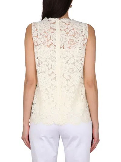 Shop Dolce & Gabbana Logoed Stretch Lace Top In White