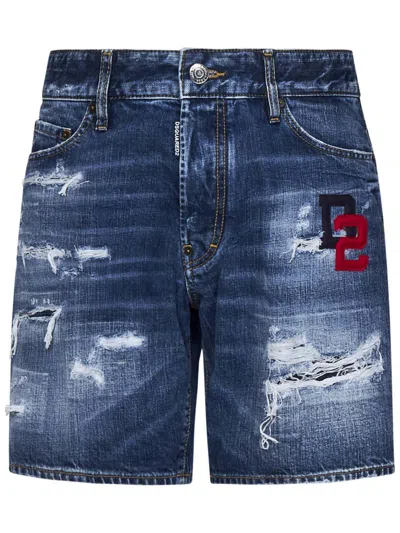 Shop Dsquared2 Dark Ripped Wash Marine Shorts In Blue