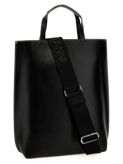 Shop Ganni 'banner Medium' Shopping Bag In Black