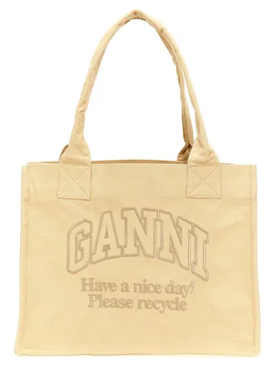 Shop Ganni Logo Embroidery Shopping Bag In Beige