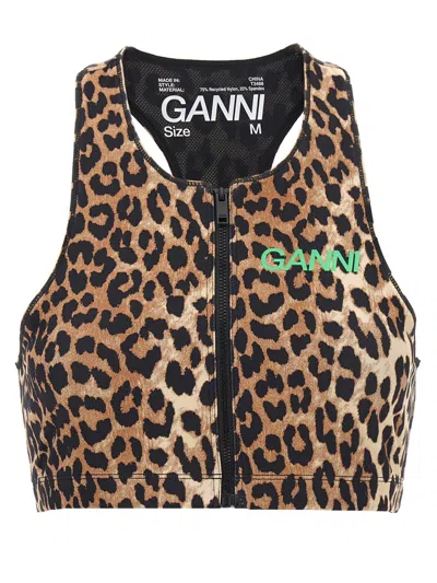 Shop Ganni Logo Leopard Sports Top In Multicolor