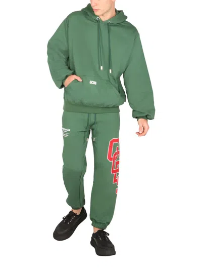 Gcds Cotton Sweatshirt With Contrasting Embroidered Mini Logo In Green