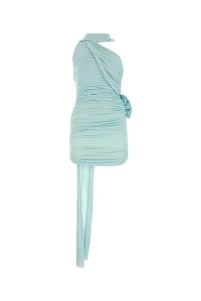 Shop Magda Butrym Light Blue Draped Mini Dress With Roses Applications In Stretch Cupro Wpman
