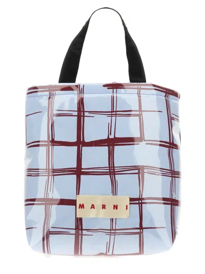 Marni Glossy Coated Canvas Tote Bag With Double Handles And Plaid Pattern In Multi