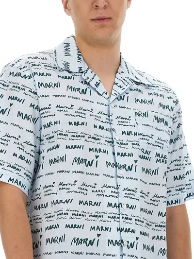 Shop Marni Logo Print Shirt In Azure
