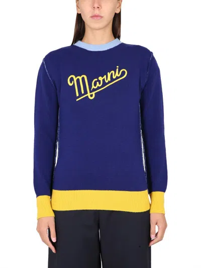 Shop Marni Wool Logo Sweater In Blue