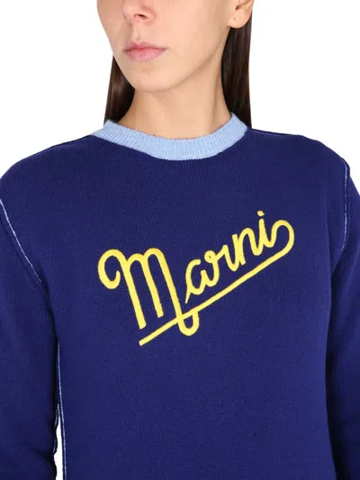 Shop Marni Wool Logo Sweater In Blue