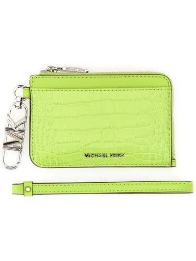 Shop Michael Kors Leather Credit Card Holder In Green