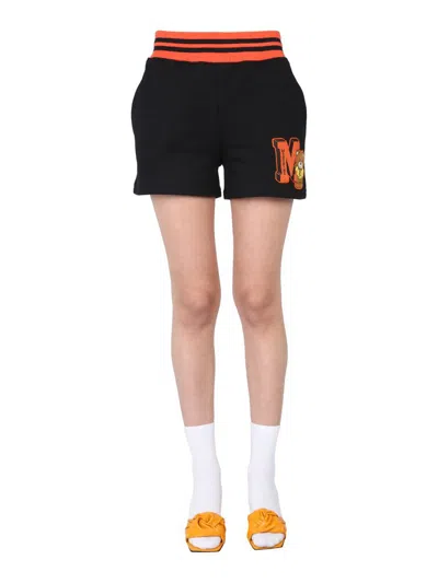 Shop Moschino "teddy Bear" Varsity Shorts In Black