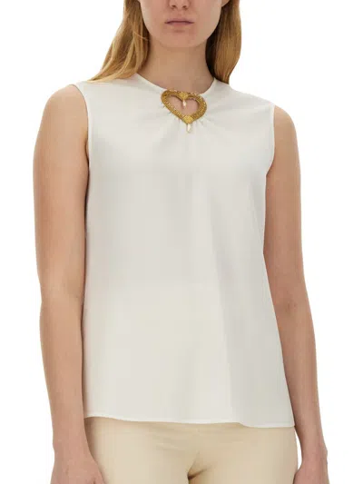 Moschino Blouse With Heart Applique And Subtle Keyhole Detail In White