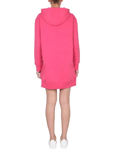 Shop Moschino Dress With Multicolor Flocked Logo In Fuchsia