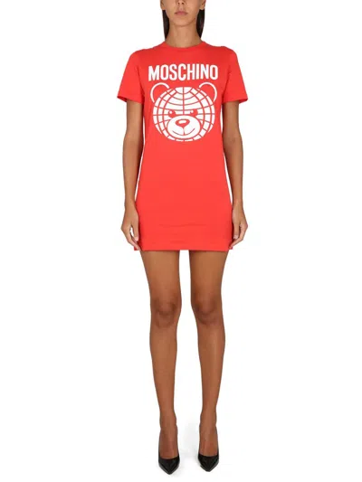 Shop Moschino Logo Print Dress In Red