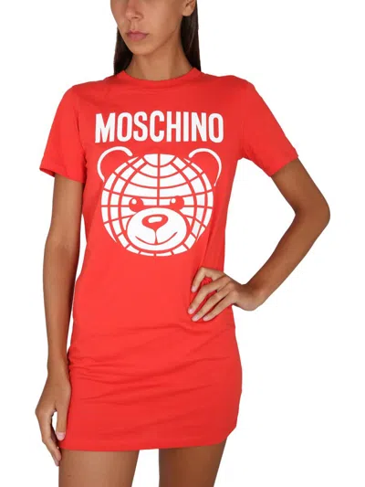 Shop Moschino Logo Print Dress In Red