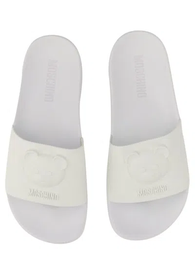 Shop Moschino Slide Sandal With Teddy Logo In White
