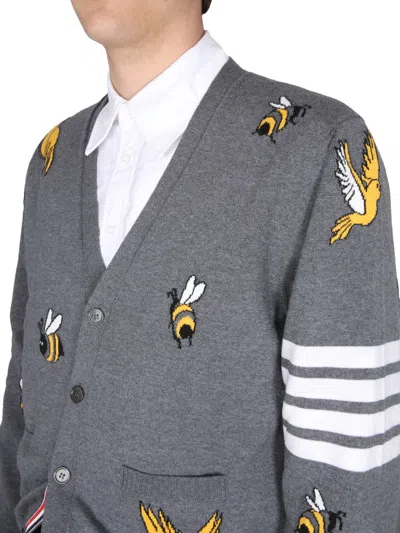 Shop Thom Browne Cardigan With Birds And Bees Inlays In Grey