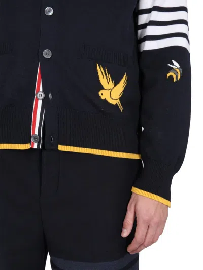 Shop Thom Browne Cardigan With Birds And Bees Inlays In Blue