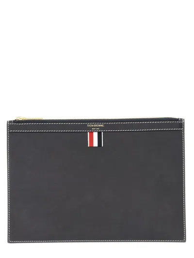 Thom Browne Navy Blue 4-bar Calf Leather Document Holder In Black