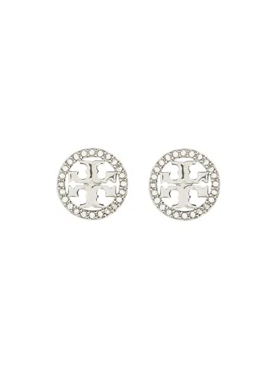 Shop Tory Burch Circle-stud Crystal Logo Earrings In Silver