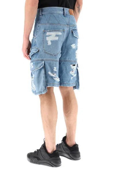 Shop Gcds Ultracargo Destroyed Denim Shorts In Blu