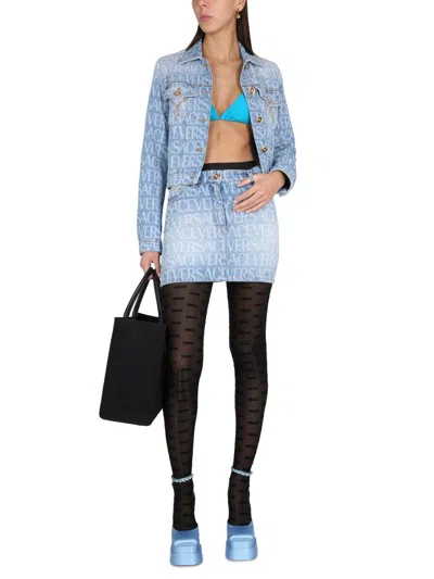 Shop Versace Denim Skirt In Azure