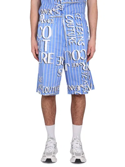 Shop Versace Jeans Couture Bermuda With Logo In Azure