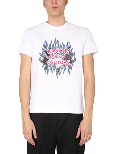 Shop Versace Jeans Couture T-shirt With Rock Logo Print In White