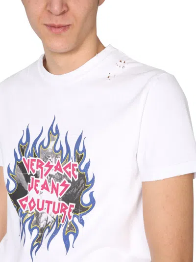 Shop Versace Jeans Couture T-shirt With Rock Logo Print In White