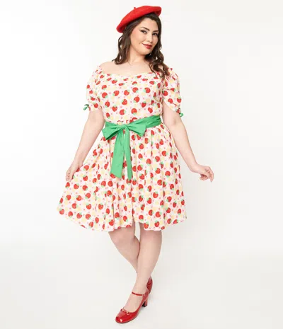 Shop Unique Vintage Plus Size Pink Floral Strawberries Dakota Flare Dress In Multi