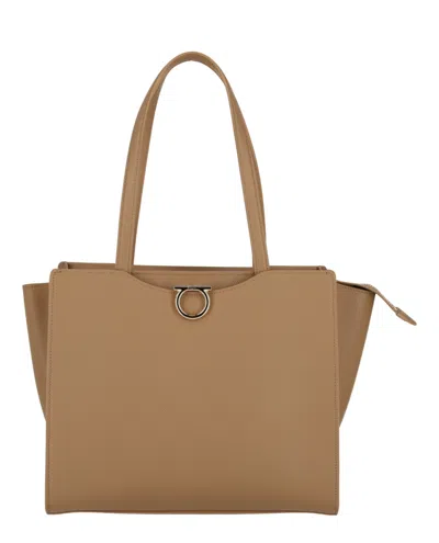Shop Ferragamo Gemini Leather Shoulder Bag In Beige