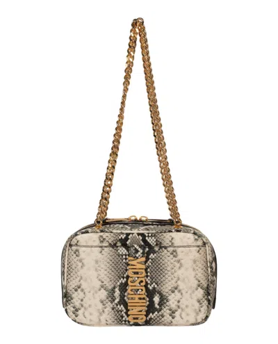 Shop Moschino Snakeskin Print Shoulder Bag In Gold