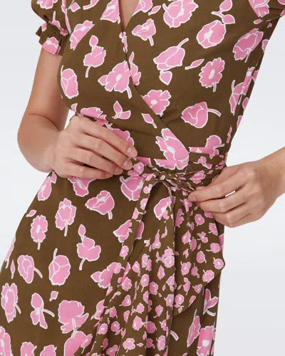 Shop Diane Von Furstenberg Emilia Dress By  In Size L In Huge And Tiny Rose Showers Khaki