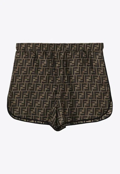 Shop Fendi All-over Logo Monogram Two-piece Silk Pajama In Brown