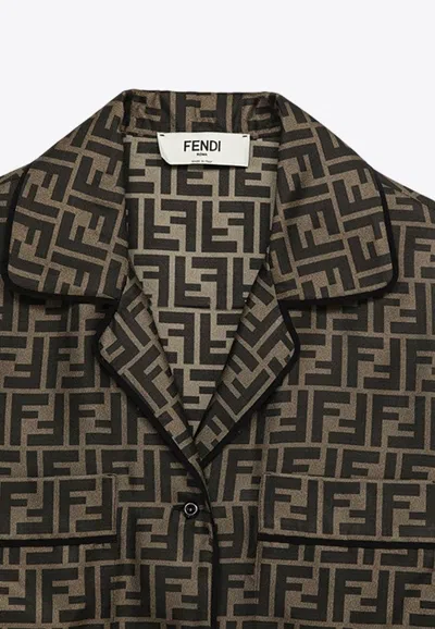 Shop Fendi All-over Logo Monogram Two-piece Silk Pajama In Brown