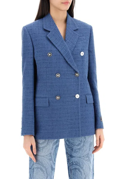 Shop Versace Double-breasted Tweed Boucl Women In Blue