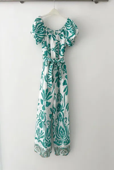 Oxygen Boutique Printed Broderie Anglaise Belted Jumpsuit Turquoise